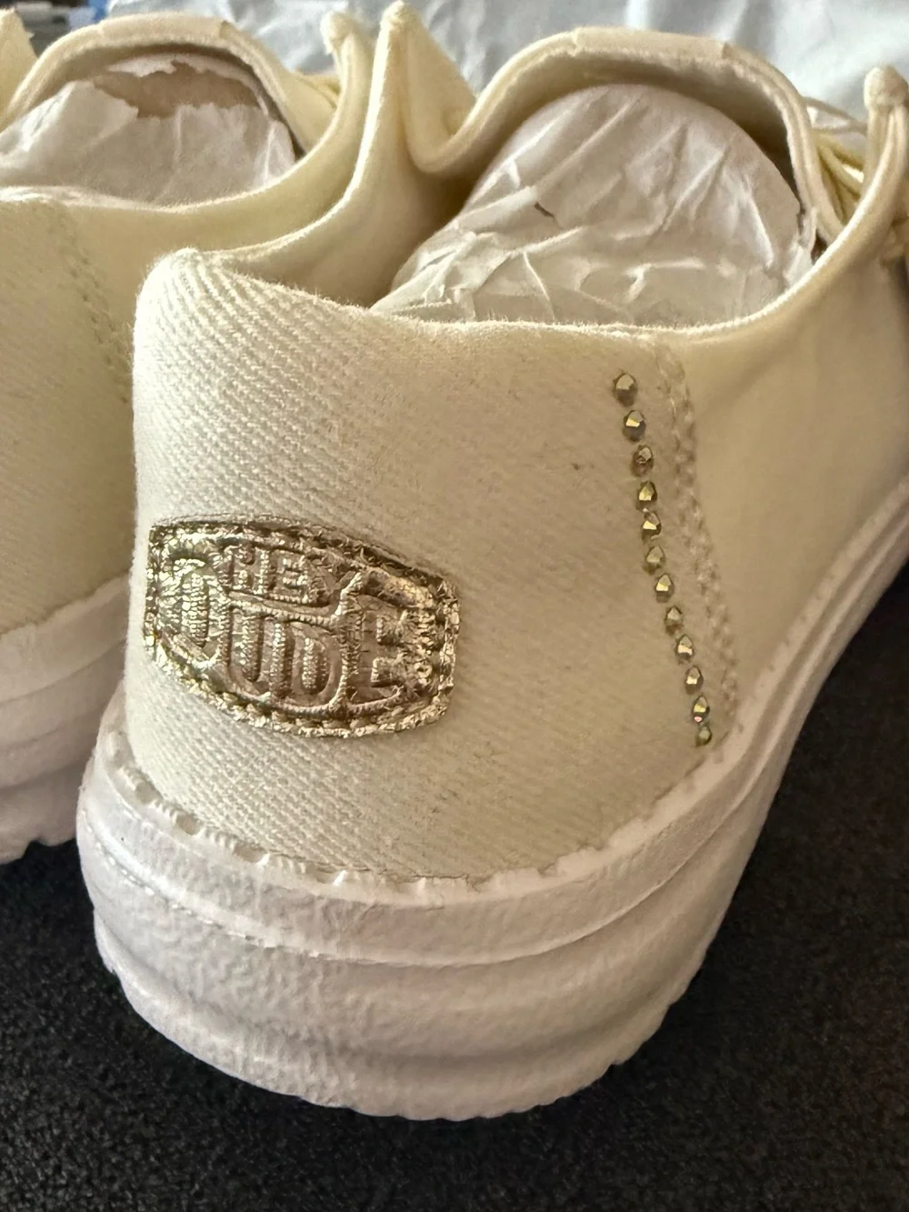 Hey Dude Cream Slip-On Canvas Shoe with Gold Stud Accents